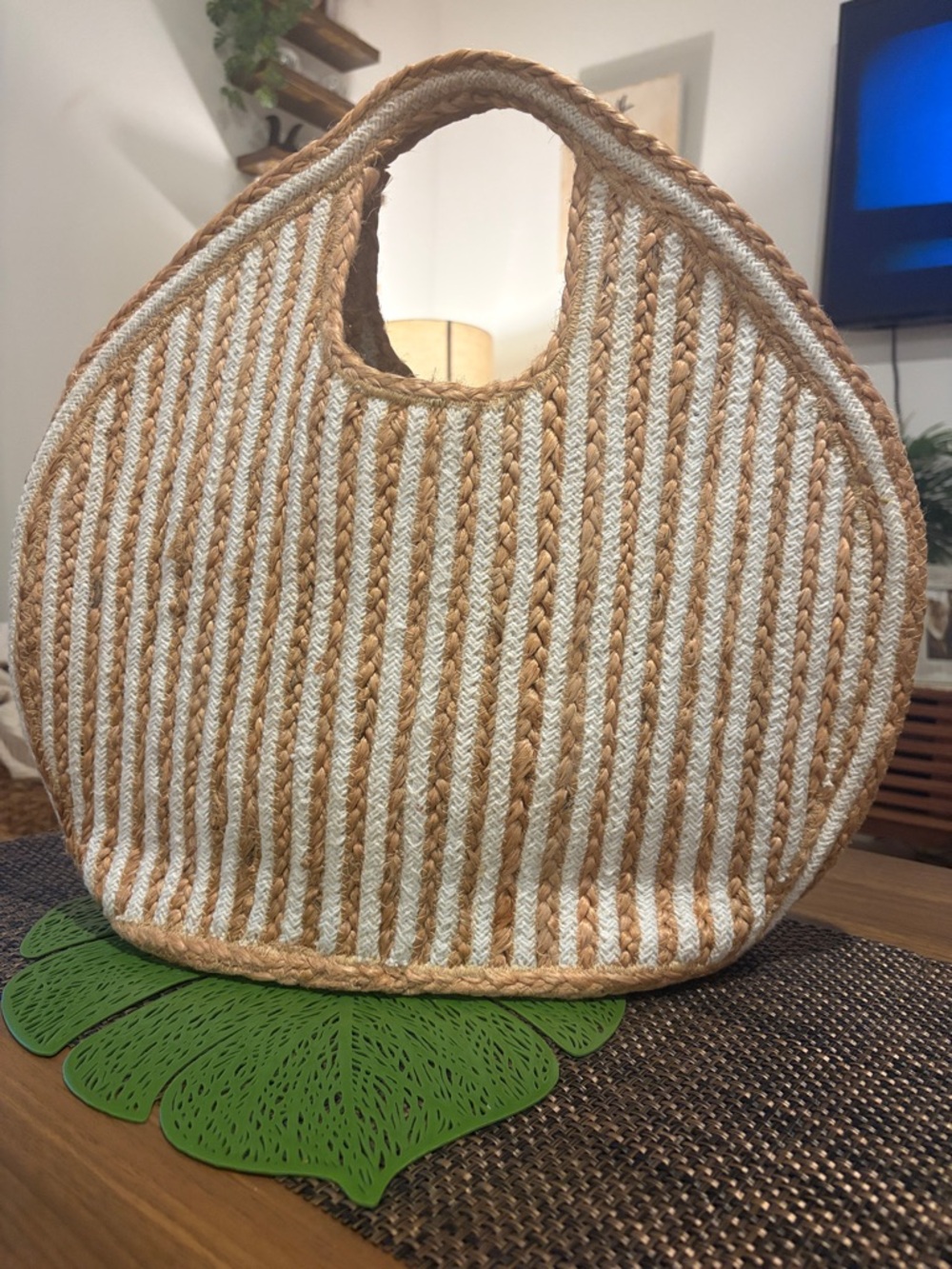 Woven Roundish Tote Bag - Natural Rattan & Cream